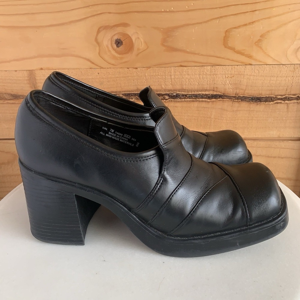 VTG Y2K Personal Identity Block Heel‎ Shoes 7m Black Chunky Whimsigoth